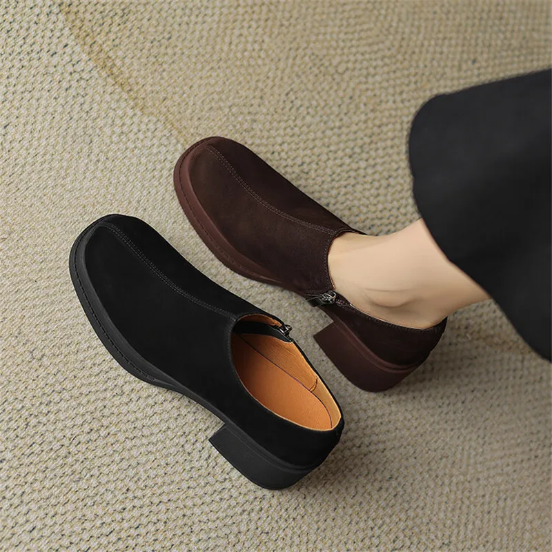 2023 New Autumn Genuine Leather Loafers French Round Toe Chunky Heel Winter Women Pumps High Heels Shoes for Women Handmade