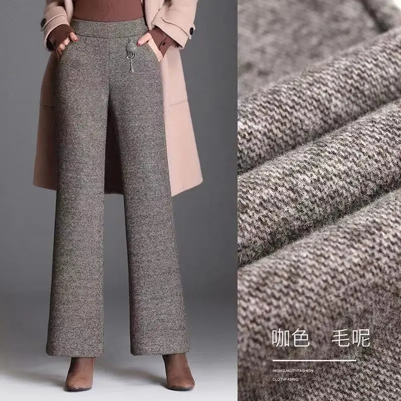 Women Vintage Straight Pants 2023 Autumn Winter High Waist Woolden Blend Flare Trousers Korean Fashion Elastic Loose Pantalones