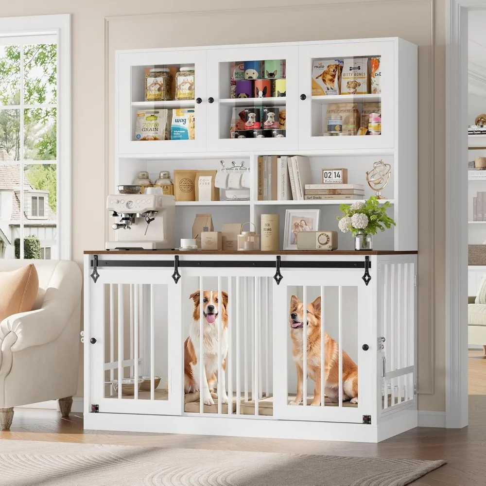 

Dog Crate Furniture for Large Dogs for 2 Pets with Divider, Front&Sides 4 Doors Dog Kennel with Feeding Bowls, Indoor Cage/Side