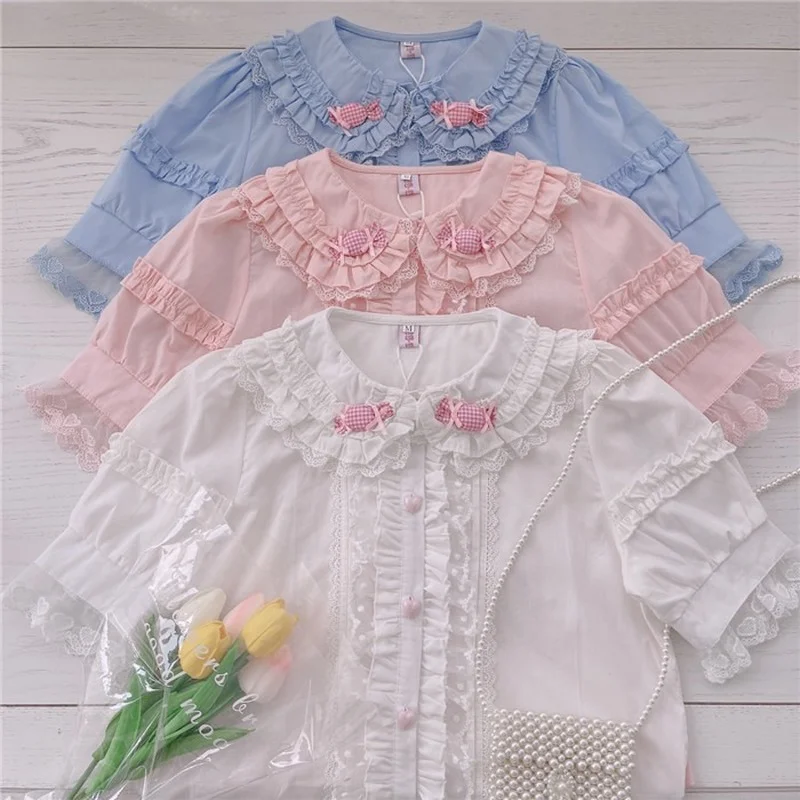 Sweet Lace Lolita Blouse Girly Cute Blue Peter Pan Collar Candy Shirt Women Kawaii Clothing Puff Sleeve Ruffles Bow Blusas Mujer