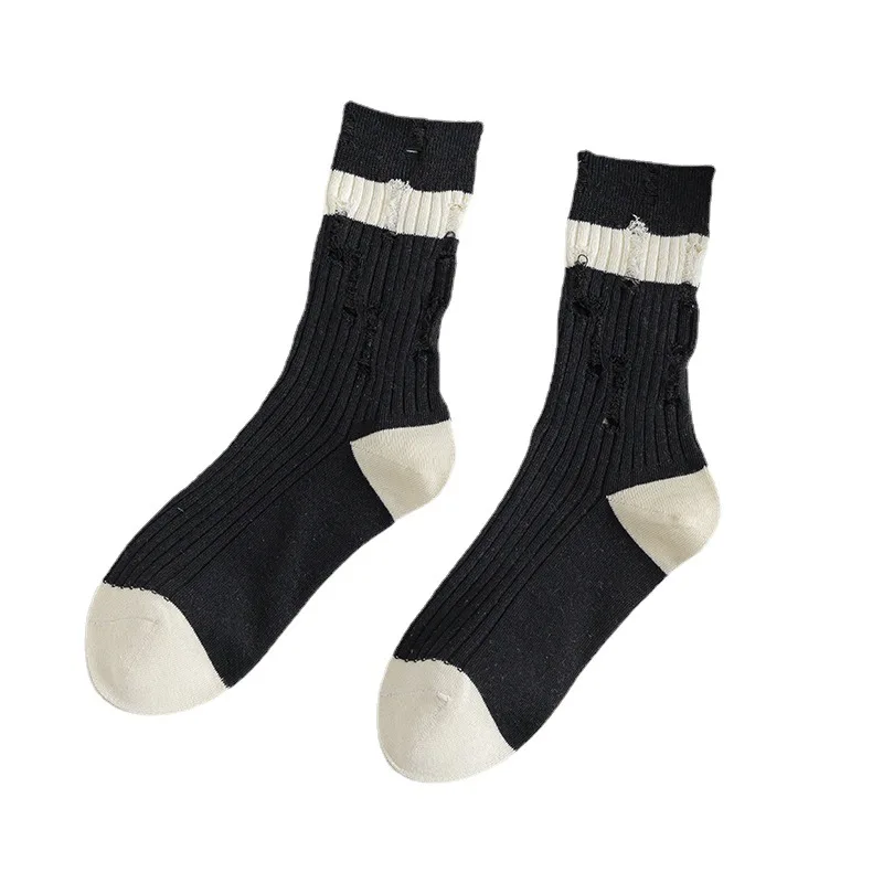 Black Striped Ripped Socks Women\'s Mid-tube Socks Spring and Summer New Double Needle Beggar Net Infrared Wear Women\'s Socks