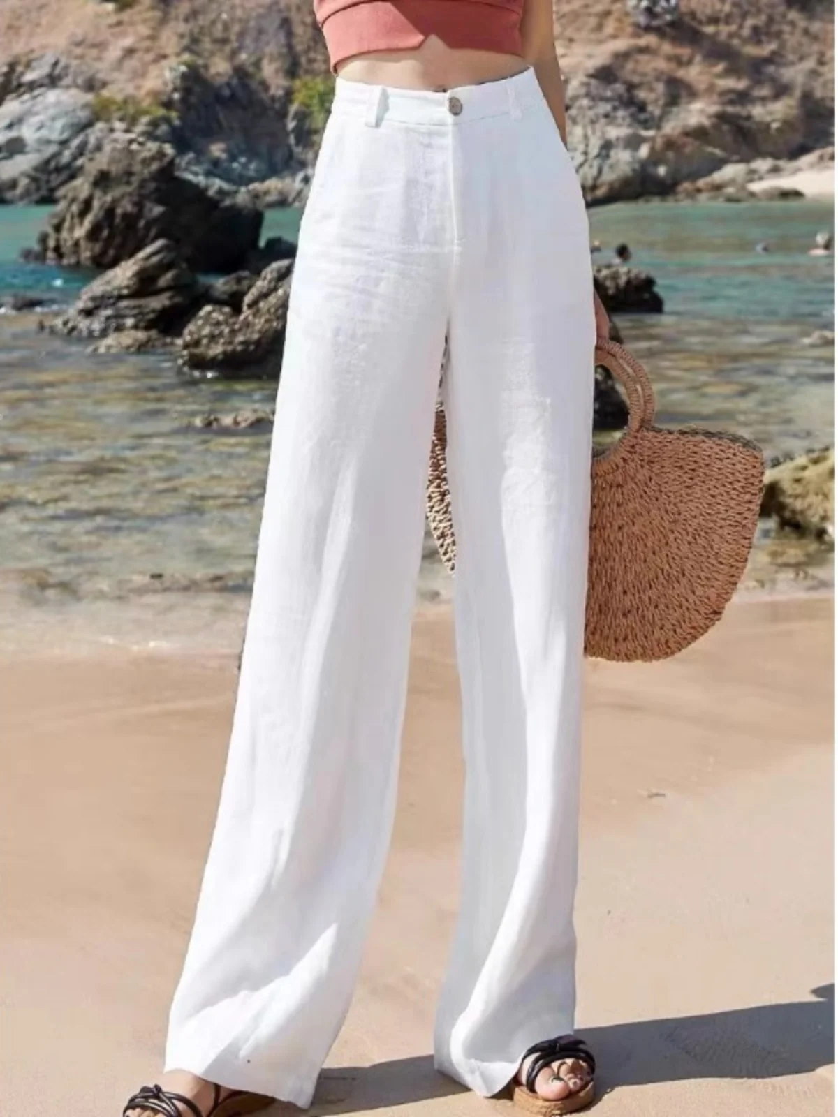 ارتفاع الخصر السراويل واسعة الساق المرأة الصيف رقيقة القطن الكتان عارضة السراويل التخسيس ثنى مستقيم السراويل الطويلة #1