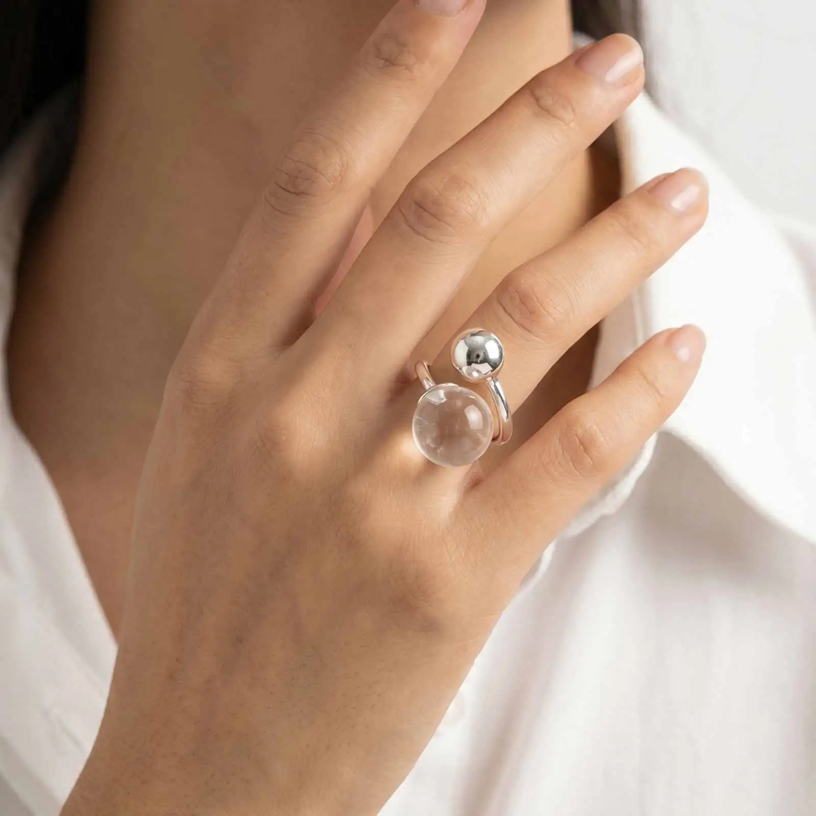 Silver Ball Open Ring for Women Geometric Adjustable Minimalist Resize Modern Jewelry
