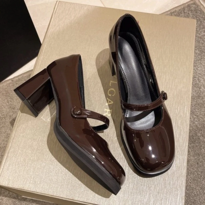 

Women High Heels Shoes Fashion Retro Square Toe Hollow Out Casual Mary Jane Shoes Female Leather Shoes for Office Wedding Party
