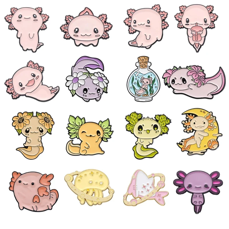 Cartoon Lively Marine Creature Salamander Collect Enamel Pins Custom Cute Animal Axolotl Decorate Brooches Lapel Badge Jewelry