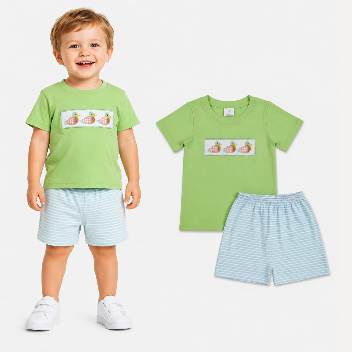 Toddler Summer Set Baby Boys Clothes Short Sleeve Shirt Top Stripe Shorts Embroidery Duck Hunting Sets Outfit Children Wholesale