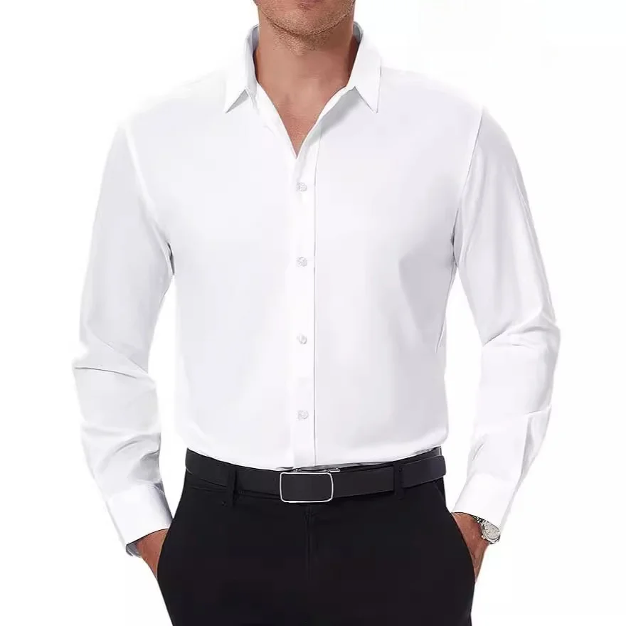 

Busin Casual Men's Long Sve irt Four-Sided Elastic Pure Color No Ironing Required Button-Up Slim Fit Daily Wear