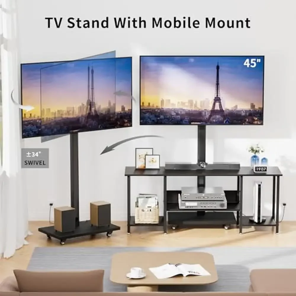 Universal TV Stand Mount Wheels Swivel 32-65 Inch Entertainment Center 2 AC Power Outlets 2 USB Interfaces Storage Shelves