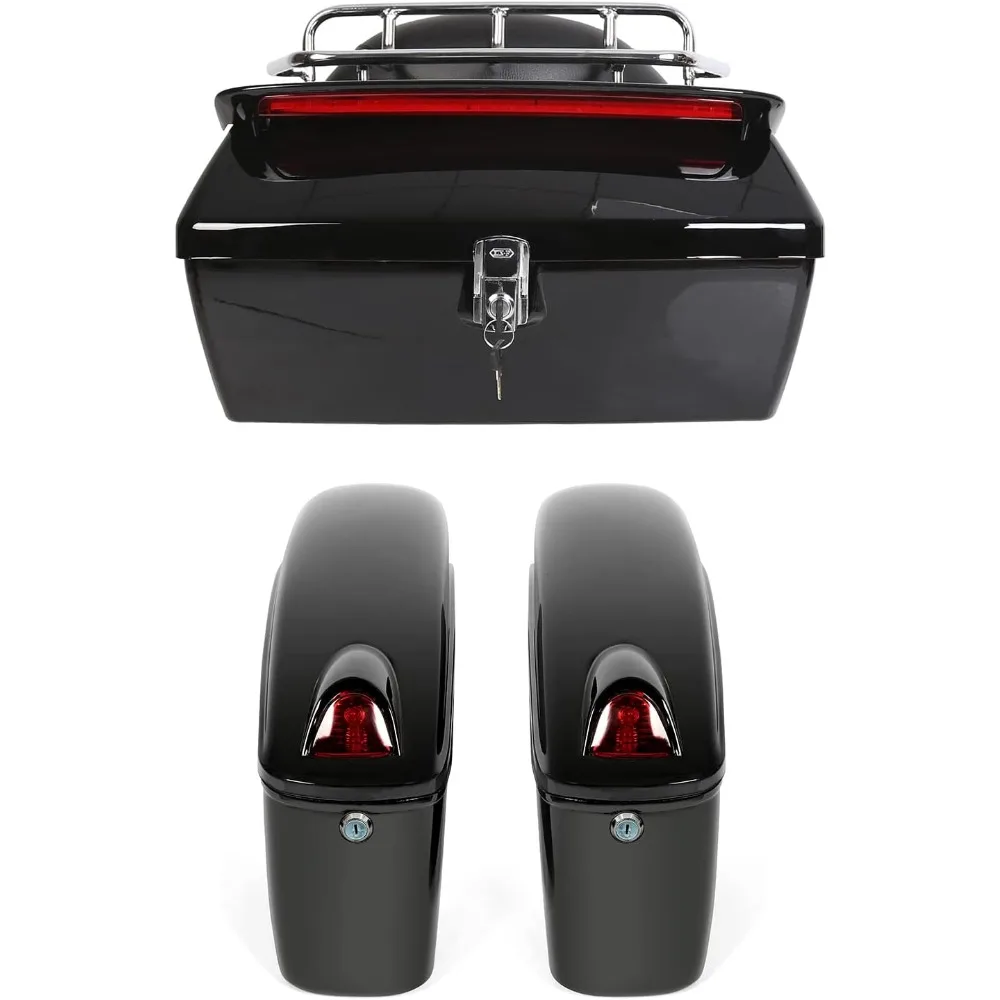 

black universal hard saddle bag trunk tail box w/top rack & backrest & tail light compatible with yamaha cruiser