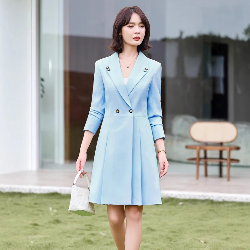 

Двубортное пальто средней длины с длинными рукавами, платье-блейзер для женщин, модное элегантное осенне-зимнее новое трендовое платье