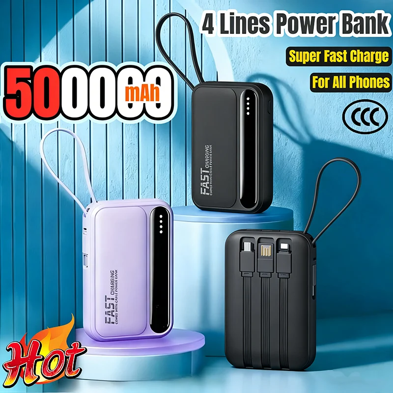 

Портативный внешний аккумулятор 4-в-1 с кабелями, 120 Вт, 500000 мАч, большой емкости, с интеллектуальным цифровым дисплеем, легкий, для iPhone и Huawei
