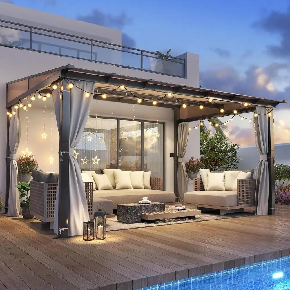 

10' X 13' Outdoor Polyte Lean to Gazebo - Wall-Mounted e Gazebo with Slope Hardtop, Patio Heavy-Duty Lean to Pergola with Nettin