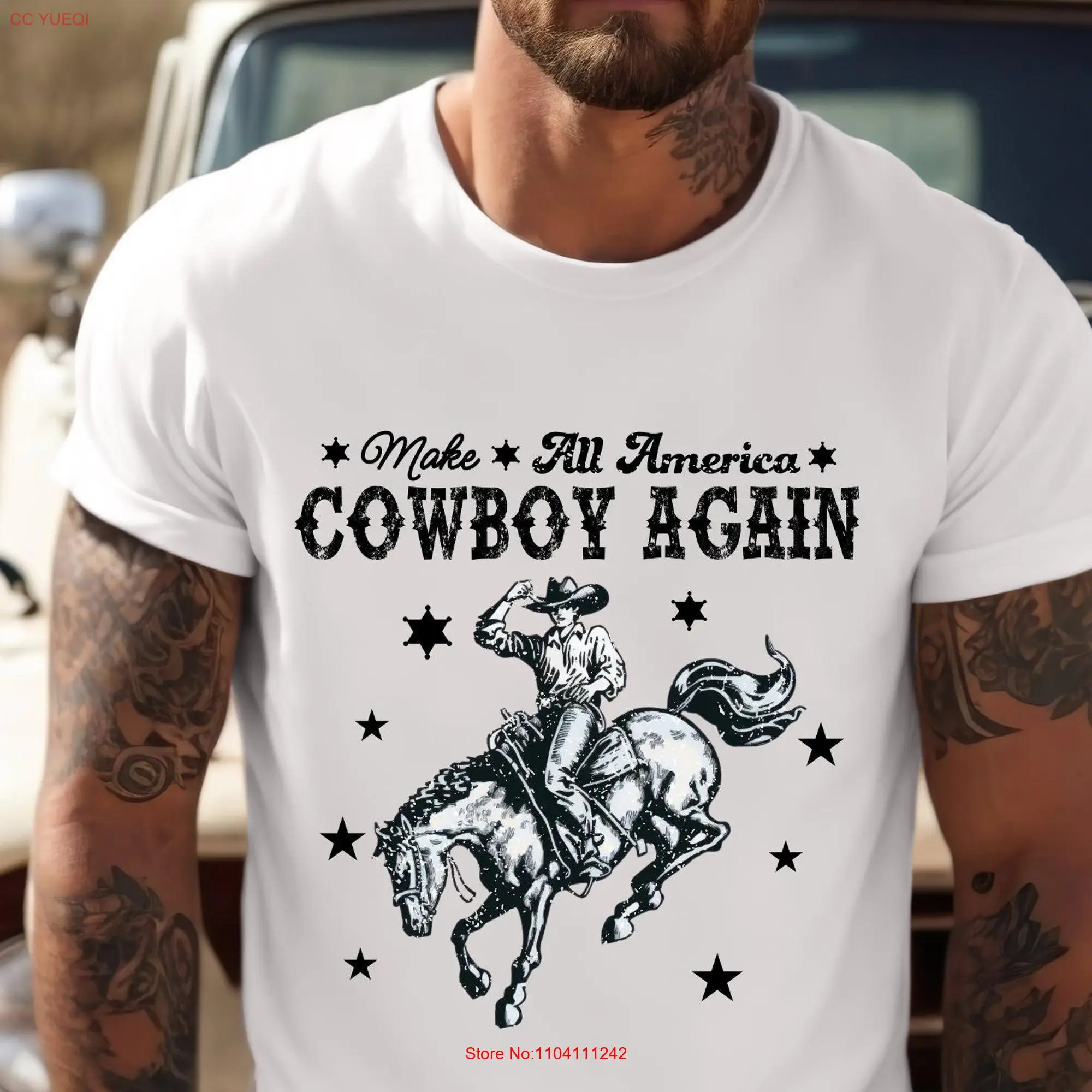 Make All America Cowboy Again T Shirt Bucking Bronco July 4th Patriotic Western long or short sleeves