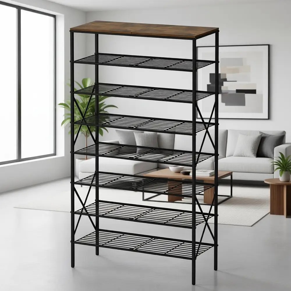 

8-ярусный органайзер для обуви повышенной прочности с деревянной столешницей в деревенском стиле, экономит место для прихожей, гардеробной, гаража, коридора, спальни - черный и розовый