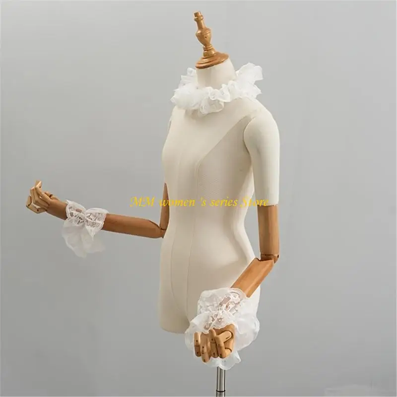 Q39C Sheer White Lace Collar and Wrist Cuffs Set, Detachable Accessory for Photo Styling and Party Night Looks