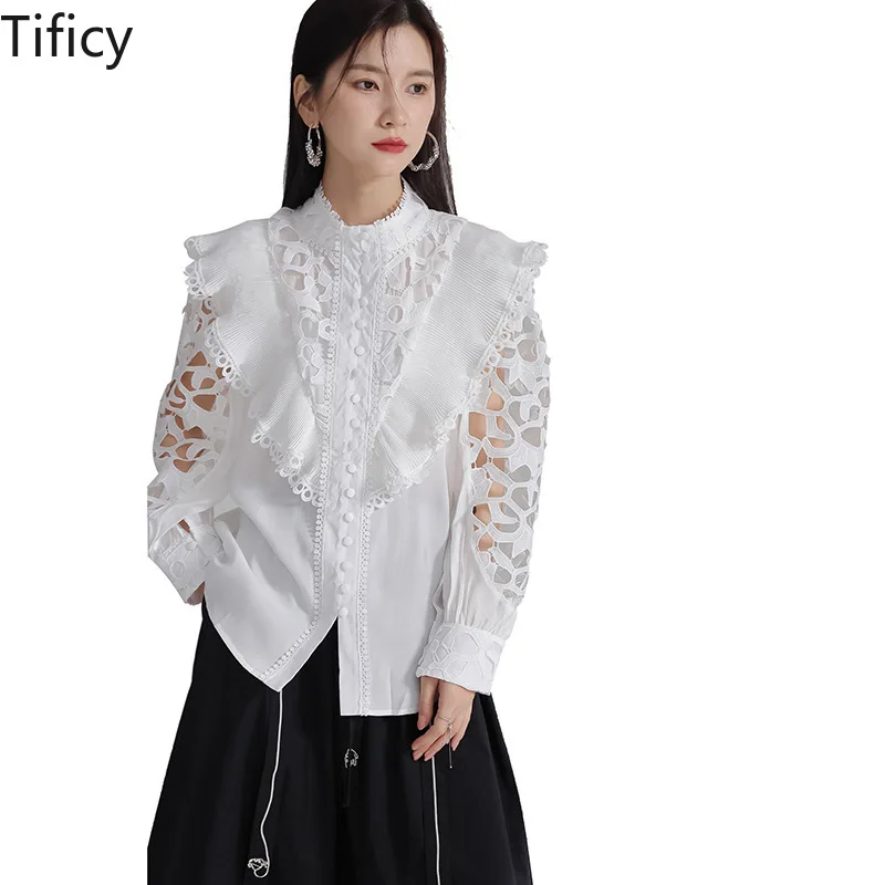 TIFICY 2024 Nieuwe Hof Stijl Franse Geborduurde Cut-out Shirt Vrouwen in Vroege Lente Lange Mouw Hellow Out shirts Tops