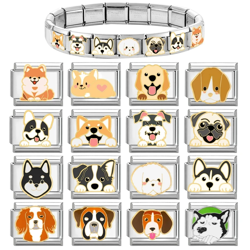 Animal Cute Dogs Corgi Husky Border Collie Labrador Italian Charm Links Fit 9mm Stainless Steel Bracelet DIY Jewelry Making Gift