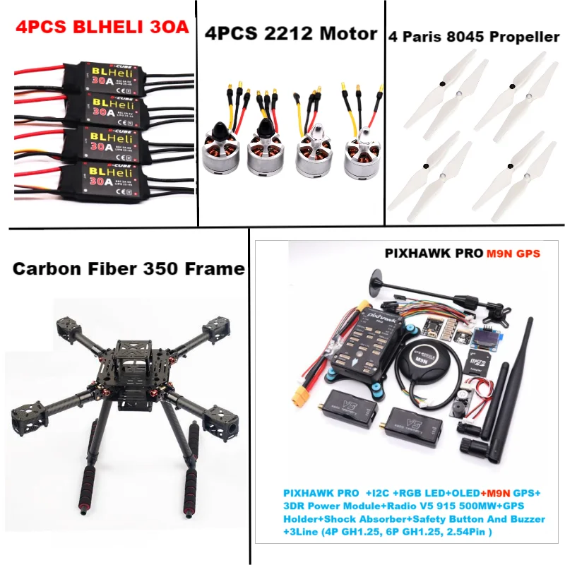 RctoSky คาร์บอนไฟเบอร์ 350 PIXHAWK PRO M9N KitFlight ควบคุม Ardupilot วิทยุ Telemetry Quadcopter BLHELI 30A 2212 มอเตอร์ ESC