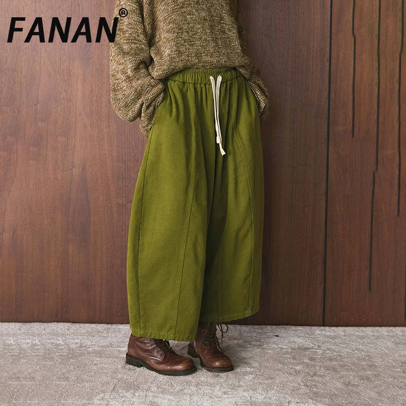 

FANAN Fashion 100% Cotton Pants For Women Elastic High Wiast Straight Trousers Drawstring Vintage Clothing Female Winter New