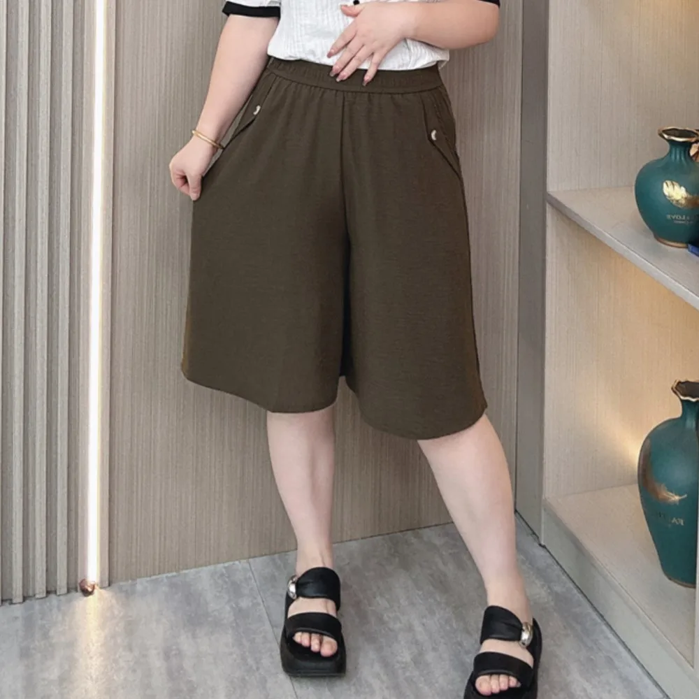 Summer Thin Wide Leg Culottes Elastic Waist Shorts Women Plus Size Loos Casual Knee Length Pants