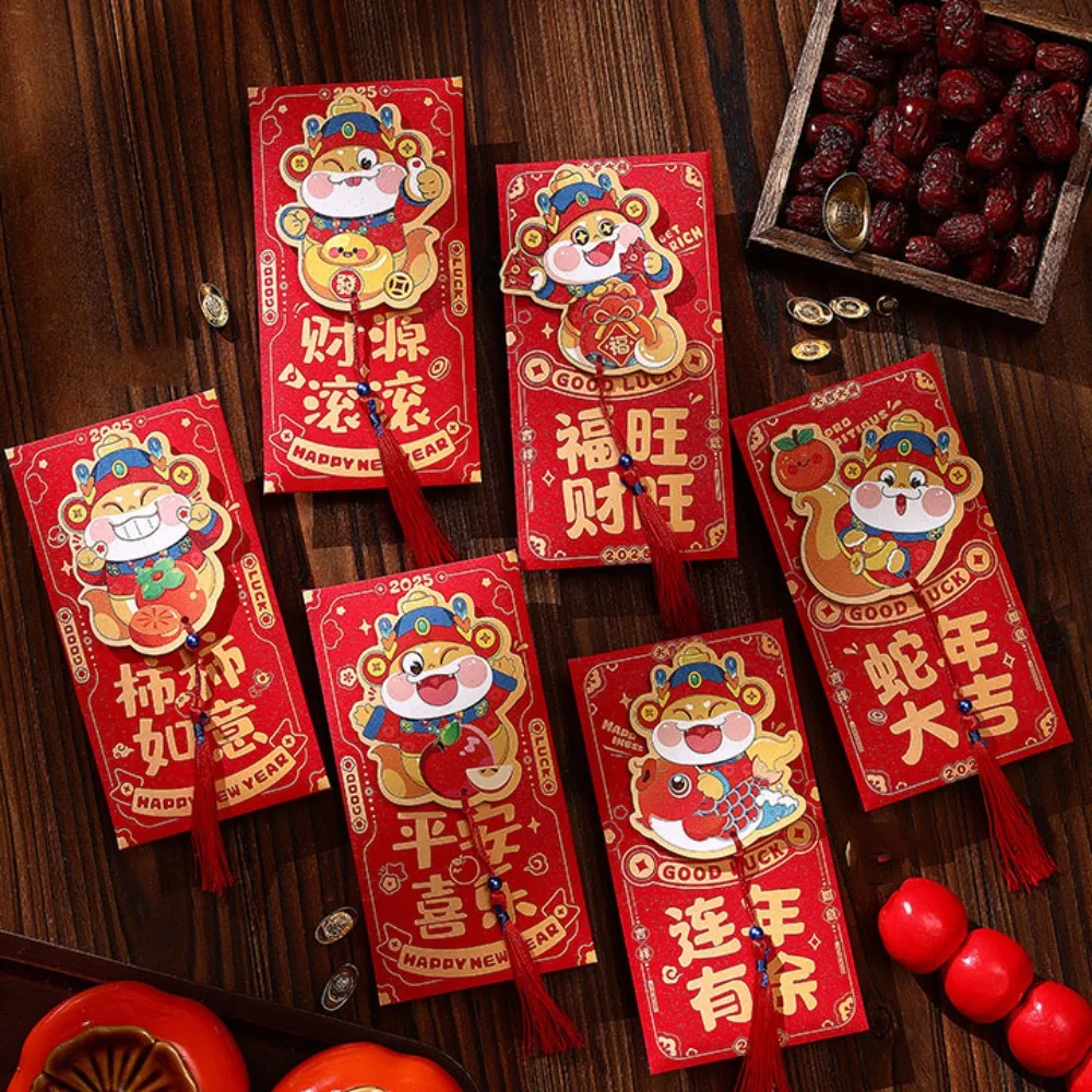 

6 шт. новогоднее украшение 3D китайский новогодний красный конверт с кисточкой полый красный пакет смешанный узор HongBao год змеи