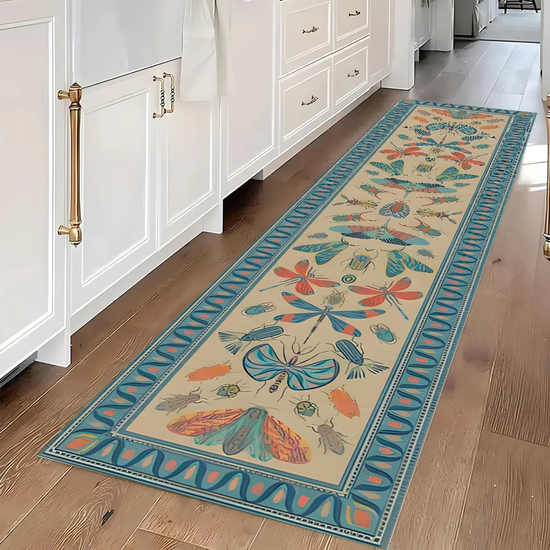 Vintage Bohemian Moth & Butterfly Pattern Runner Rug Anti-slip Soft Washable Carpet for Hallway Kitchen Entryway Decor