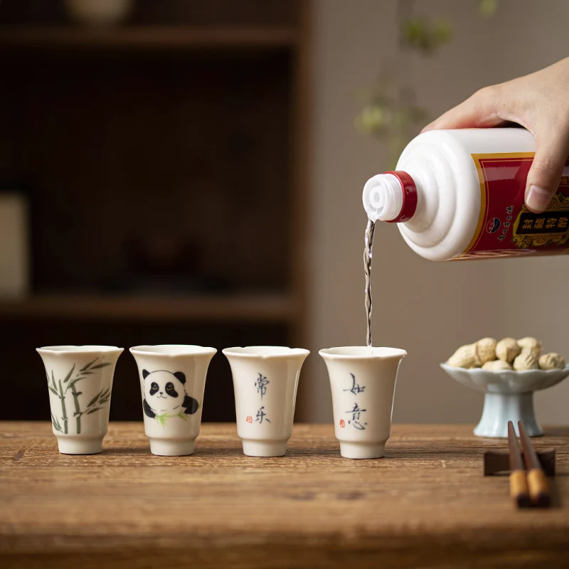 Copa de Vino Blanco China de Cerámica para Mujer, Tazón para Olfatear el Aroma de Vino de Arroz, Ilustración Hecha a Mano