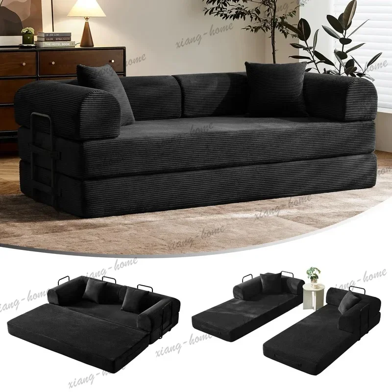 FG High Quality 79 Inch Convertible Corduroy Sleeper Sofa Fixed‑Shape Frame Removable Armrests Folding Mattress Modular