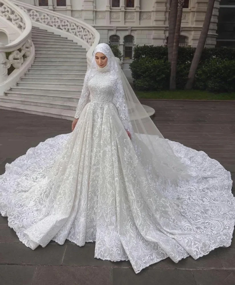 Robe de Mariée Élégante à Col Haut et Manches sulf, Tenue Musulmane en Dentelle, avec des Appliques, pour les Patients, quel que soit le Luxe de Dubaï, à Volants, sur Mesure, 2024