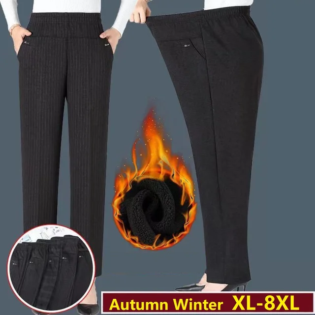 Kobiety w średnim wieku, nowe jesienne, elastyczne spodnie z wysokim stanem, damskie zimowe, pluszowe, ciepłe, proste spodnie Oversize 7XL 8XL