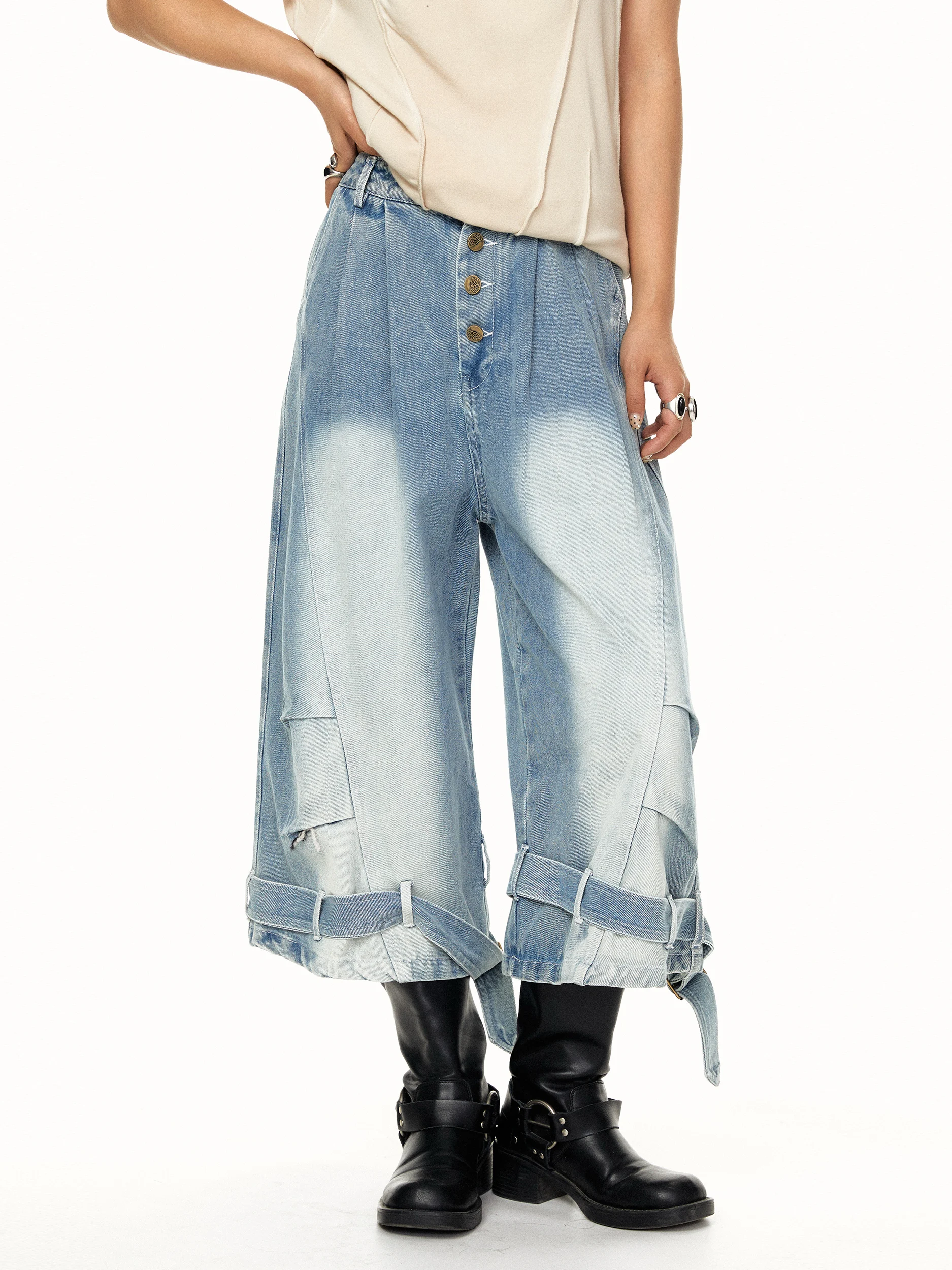 Blackbb American Retro Belted Loose Wide Leg Jeans Women's Nine Point Light Blue Belt Straight Leg Summer Jeans Cotton Blend