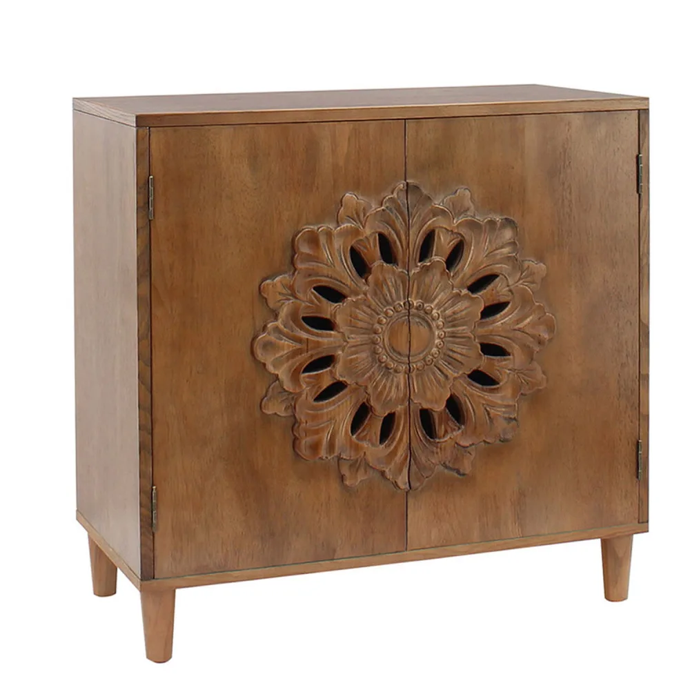 Mobiletto rustico a 2 ante in legno intagliato a mano – Mobiletto portaoggetti con accento Boho con design floreale, credenza in legno massello per soggiorno