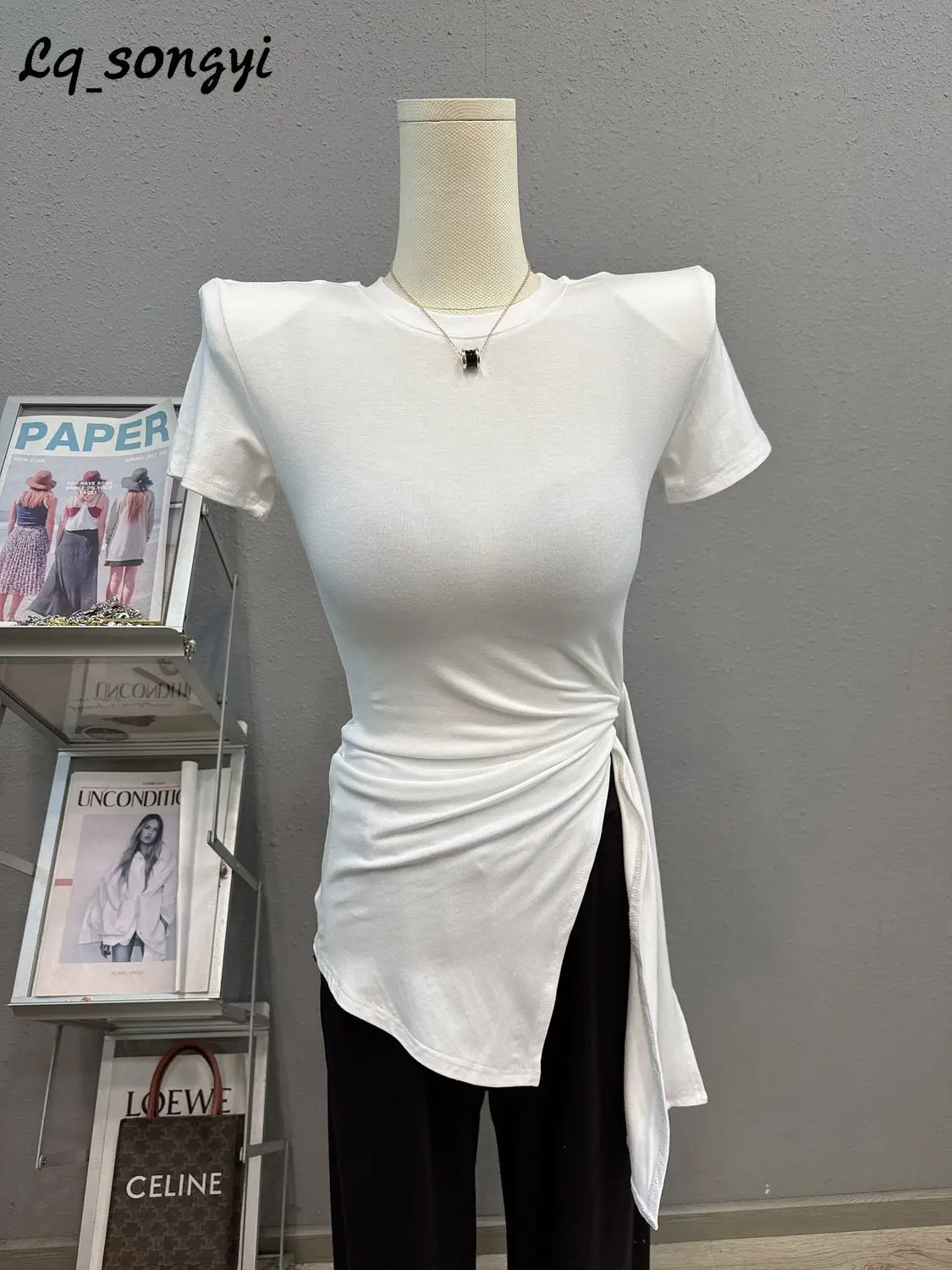 Lq_songyi-Camisetas largas con cuello redondo para mujer, Camiseta ajustada de manga corta con abertura Irregular elegante, Tops sólidos Pop coreanos, Verano