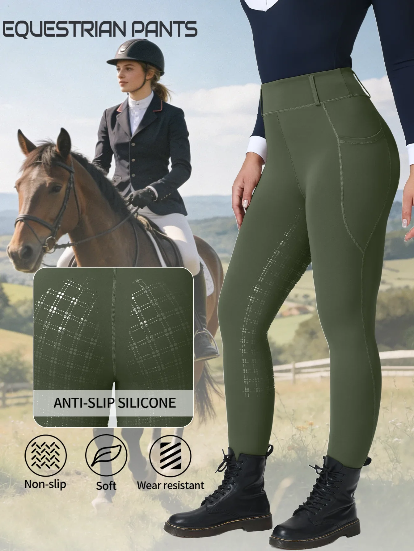 Women High Waist Equestrian Breeches Breathable With Pockets Full‑Seat Silicone Anti‑Slip Wear‑Resistant Horse Riding Pants