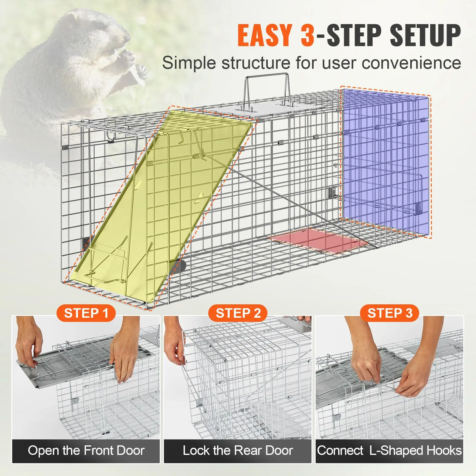 Live Animal Cage Trap, 31" x 10" x 12" Humane Cat Trap Galvanized Iron, Folding Animal Trap with Handle for Rabbits, Stray Cats, Squirrels, Raccoons, Groundhogs and Opossums view 7