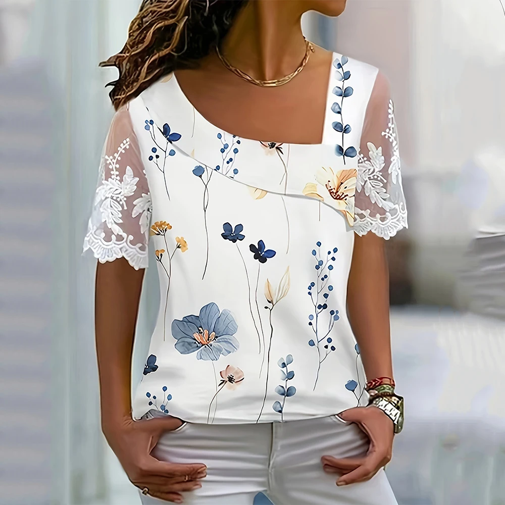 

Fashion White Lace Short Sleeve Tops And Blouses Women 2024 Summer Casual Floral Print Buttons Office Blouse Top Femme Shirt