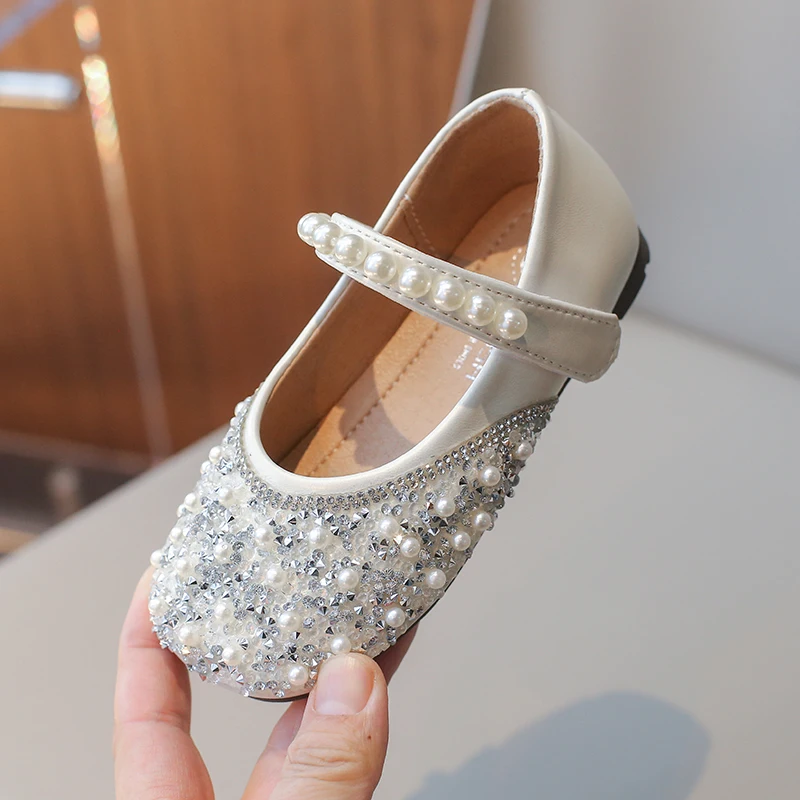 Toddler Girls Pearls Princess Shoes Kids Sequins Mary Jane Shoes Baby Gilrs Dance Wedding Shoes Autumn Spring 6-12Y Flats Autumn