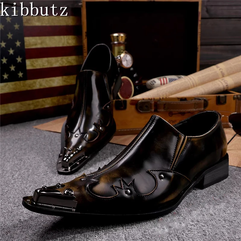 

Genuine Leather Mens Dress Shoes Vintage Metal Pointed Toe Oxford Loafers Luxury Male Formal Party Flats Shoes