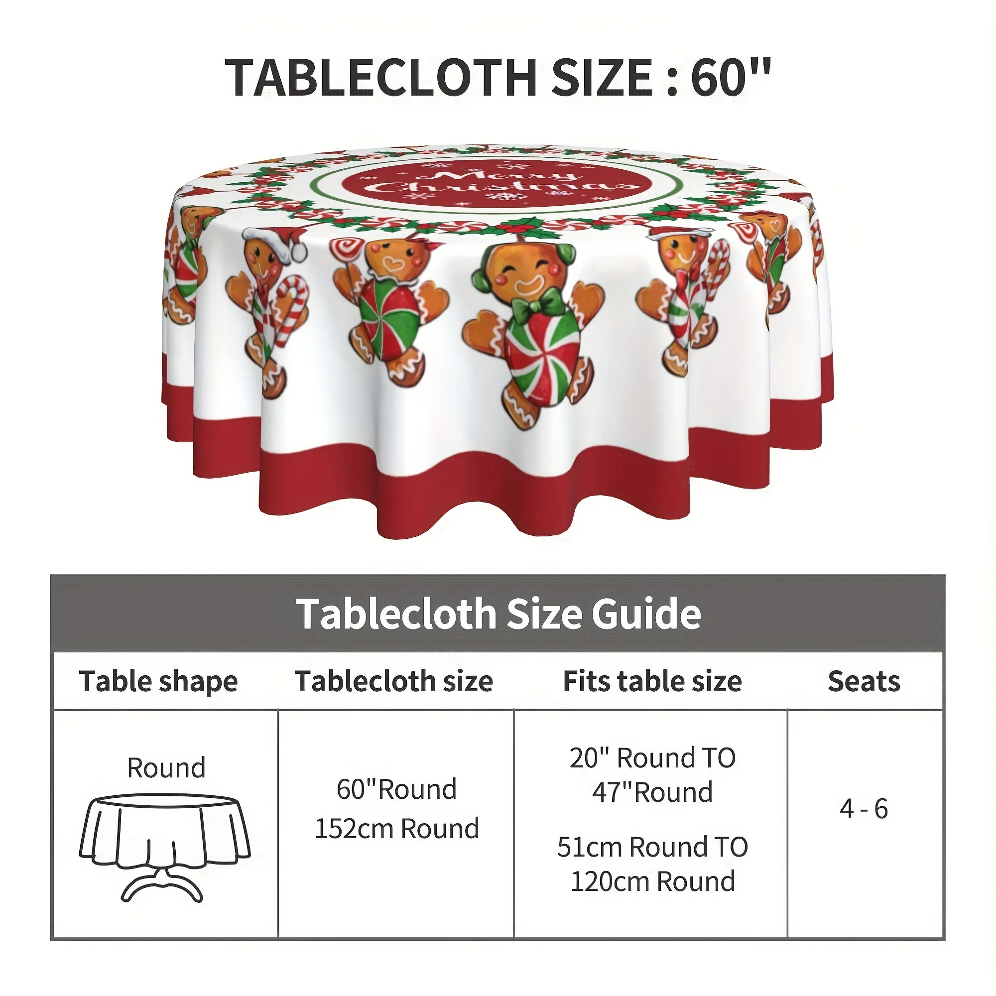 1 Merry Christmas Gingerbread Men's Round Table Cloth - Holiday Mints, Holly and Cranberry Design