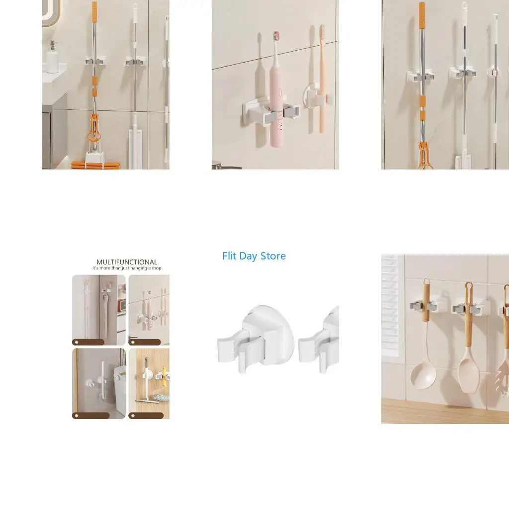 F92C 2pcs Self-Adhesive Mop Holder Wall Mounted Mop Brooms Organizers Cleaning Tool Holder for Laundry Room, Bathroom, Garage