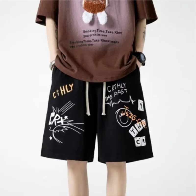 Oversized Shorts Men Academy American Vintage Colorful Graffiti Print Shorts Couple Five-point Shorts Basketball Short Pants