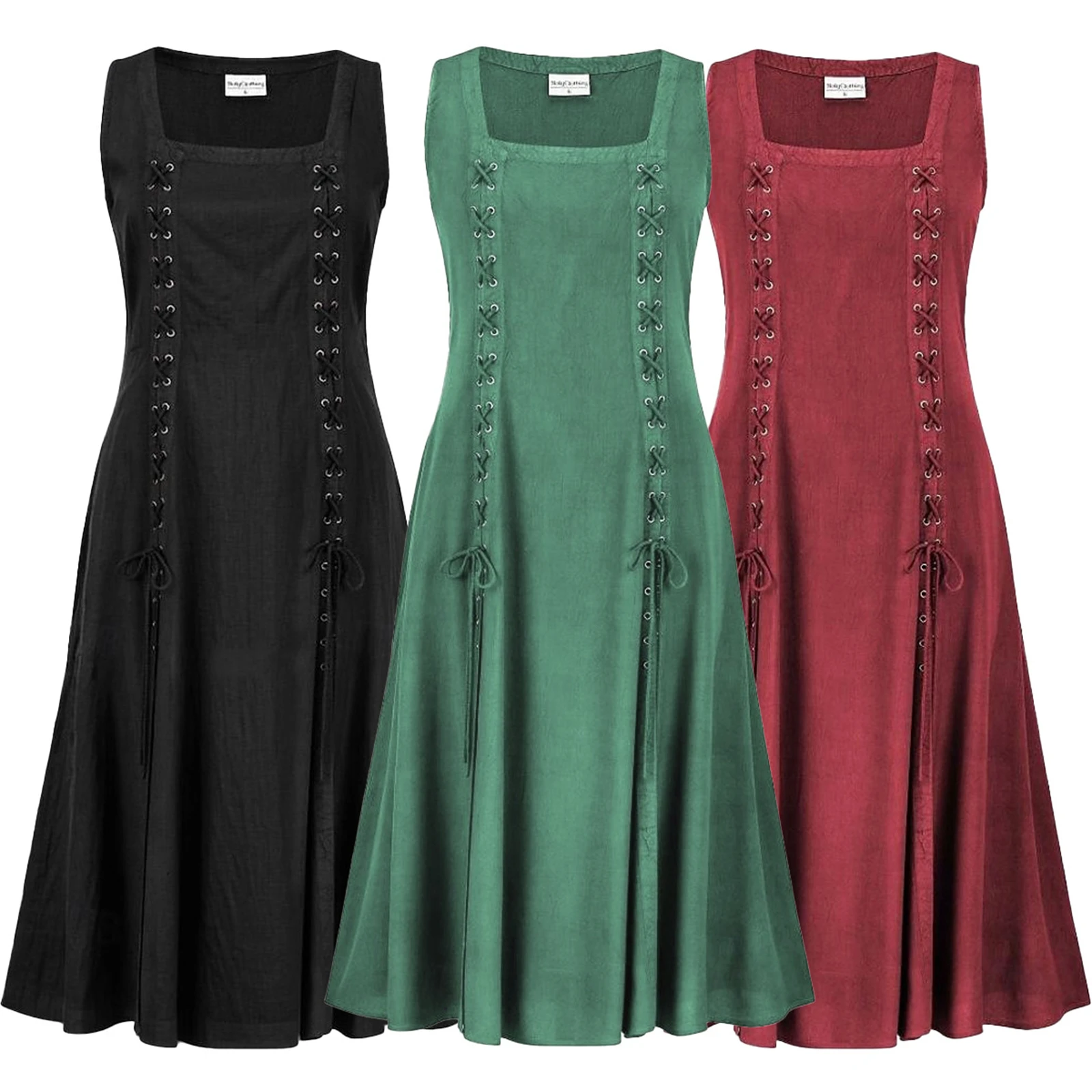 

Women Renaissance Lace Up Slit Dress Medieval Sleeveless Square Neck Pirate Dress Gothic Peasant Dresses