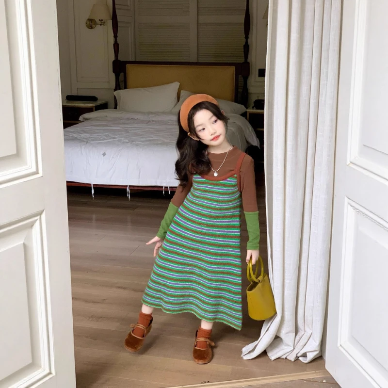 

2026 Korean Girls Stripe Slip Dress, Winter Knit Gown for Kids Chic Early Season Outfit New Arrival