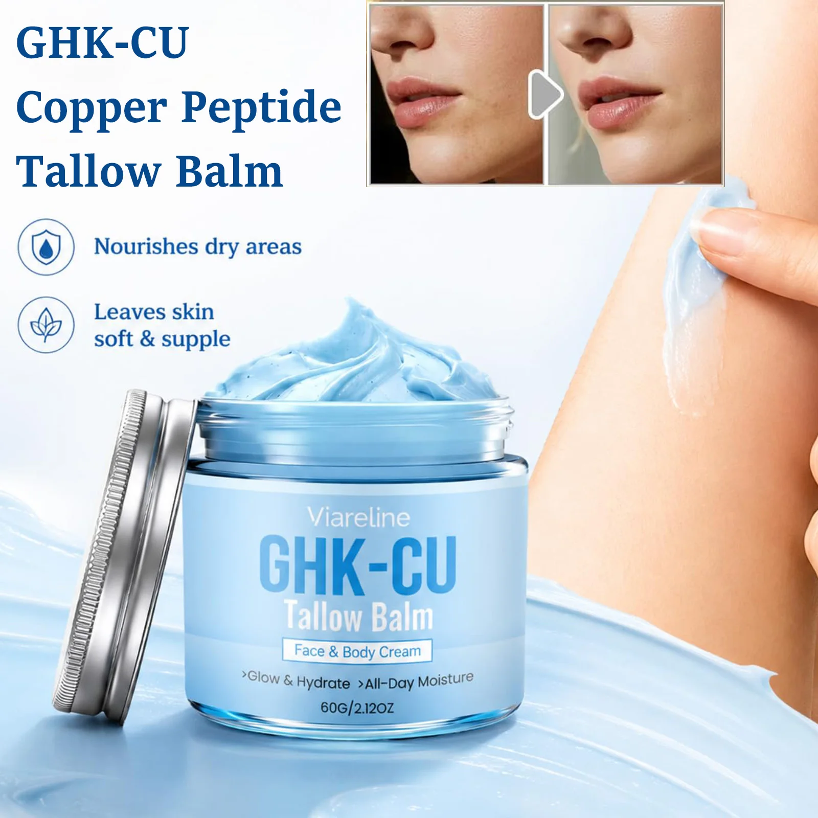 Baume au suif de cuivre GHK-CU pour le visage et le corps, baume bleu au miel hydratant et éclaircissant pour peaux matures, sèches et sensibles