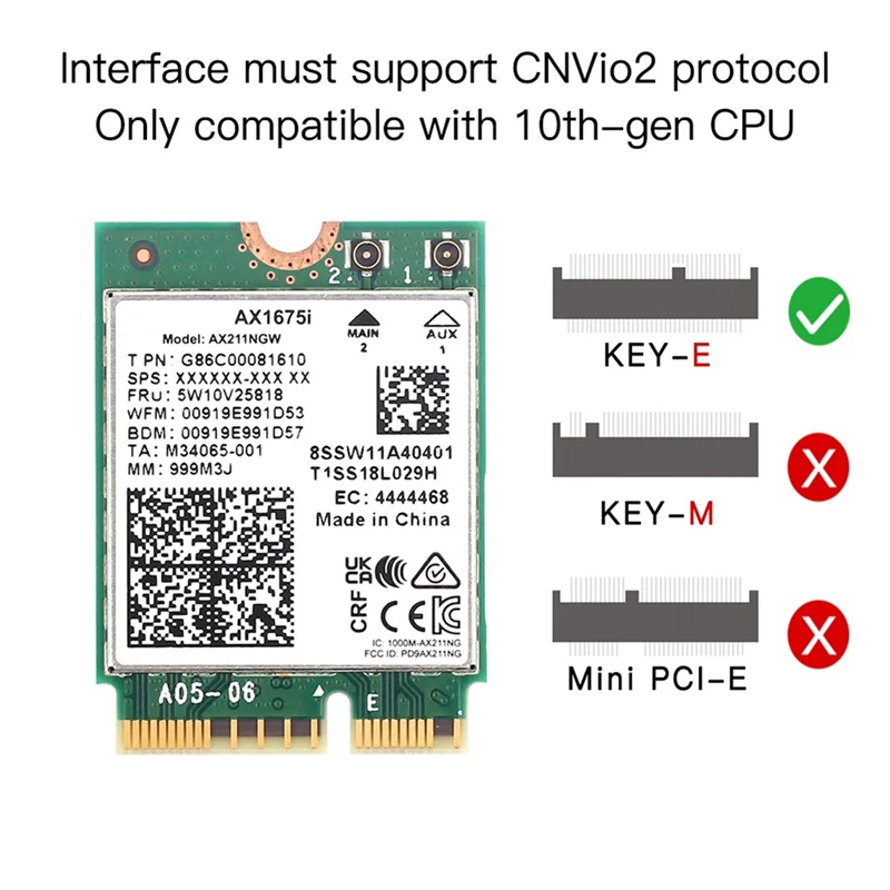 Tarjeta WIFI AX1675I + con antena de 8DB WiFi 6E M.2 Key E CNVio 2 Tri Band 2,4G/5G/6Ghz tarjeta inalámbrica AX211 BT 5,2 para Win 10