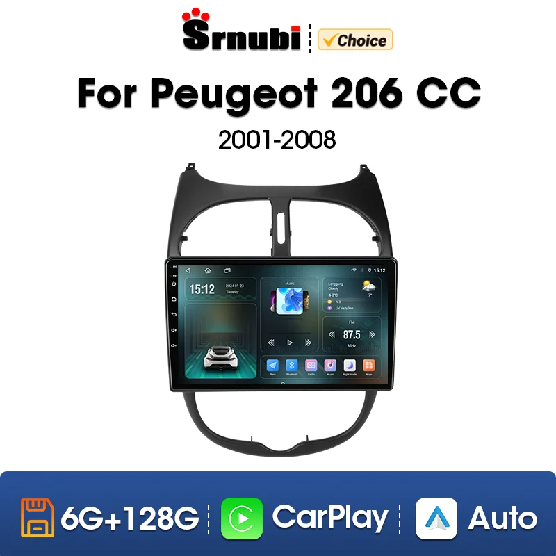 Srnubi 2 Din Android 12 Car Radio For Peugeot 206 206CC 206SW 2001 - 2016 Multimedia Player Carplay Stereo GPS DSP DVD Head Unit