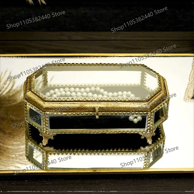 European retro handmade old copper edge glass display jewelry box, classical Chinese antique storage box imported from India