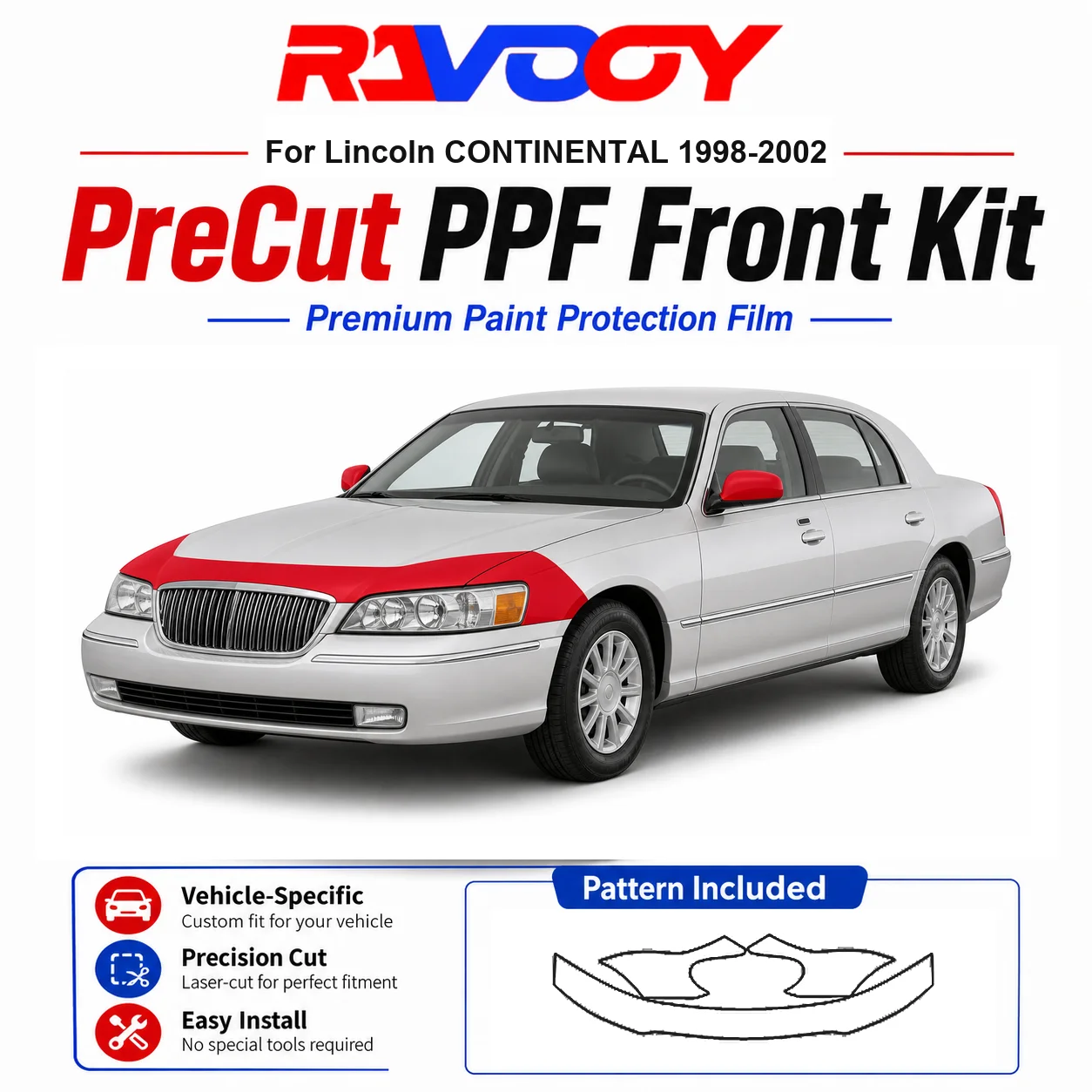 

8.5mil TPU Precut PPF Kit For Lincoln CONTINENTAL 1998-2002 - Hood, Fenders & Mirror Set - Self-Healing Clear Bra Film