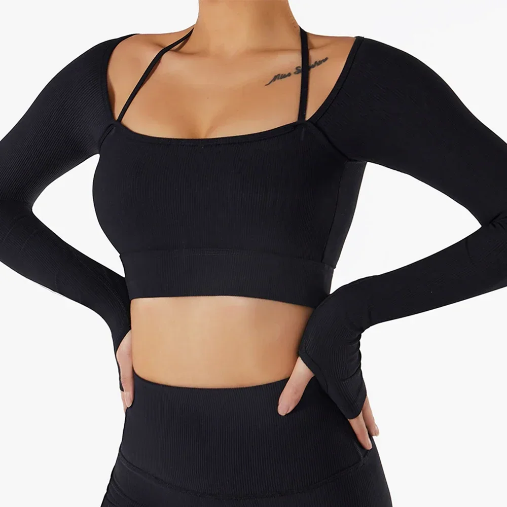Sexy Hanging Neck Sports Shirts With Pads Women Seamless Long Sleeve Gym Workout Yoga Shirts Thumb Holes Running Fitness Tops