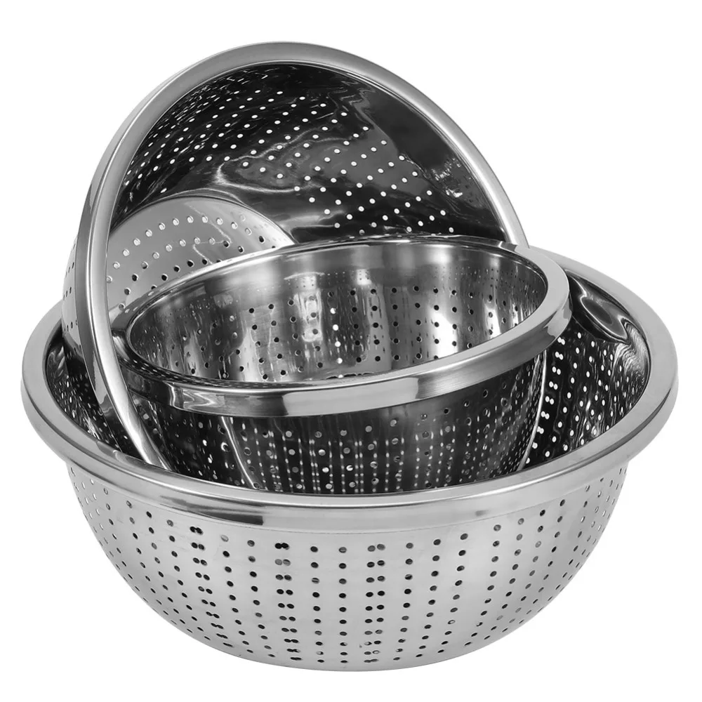 3Pcs Rustless Steel Draining Basket Uniform Dense Draining Holes Thickened Drain Bowl Seamless Polishing